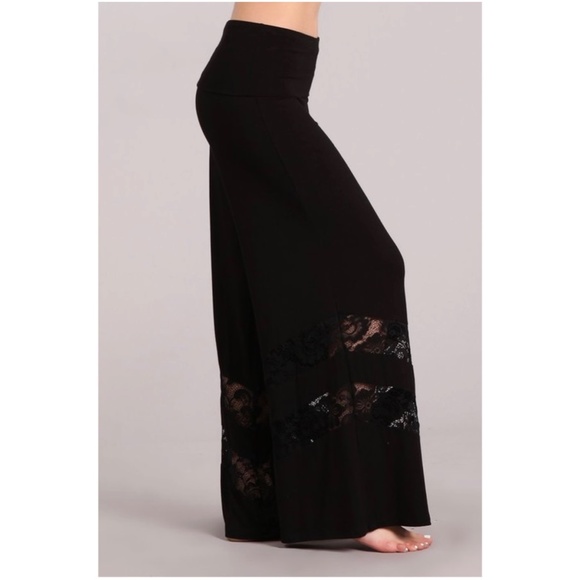 016 Boho Black Wide Leg Palazzo Lace Detail Lounge Pants - Picture 3 of 4